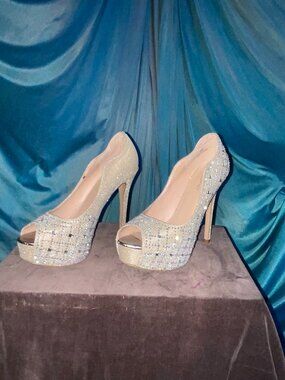 Silver Rhinestone Platform Peep Toe Pumps Stiletto Heels Glam Party